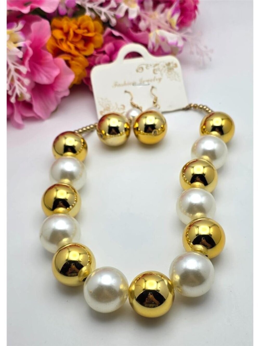 Gold White Faux Pearl Necklace Earrings Set Chunky Statement Ball Bead Runway